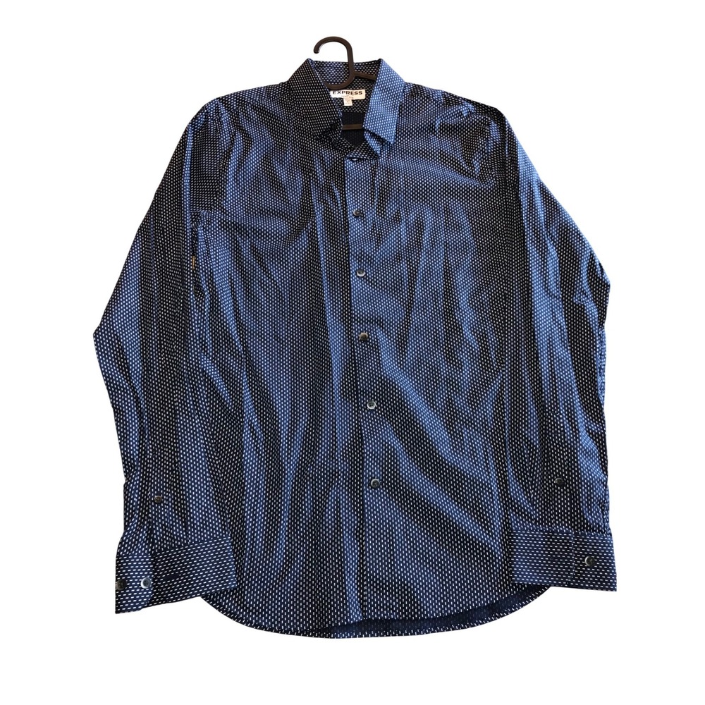 Express Extra‎ Slim Mens Blue Dot Button Shirt L Business Casual Preppy Classic